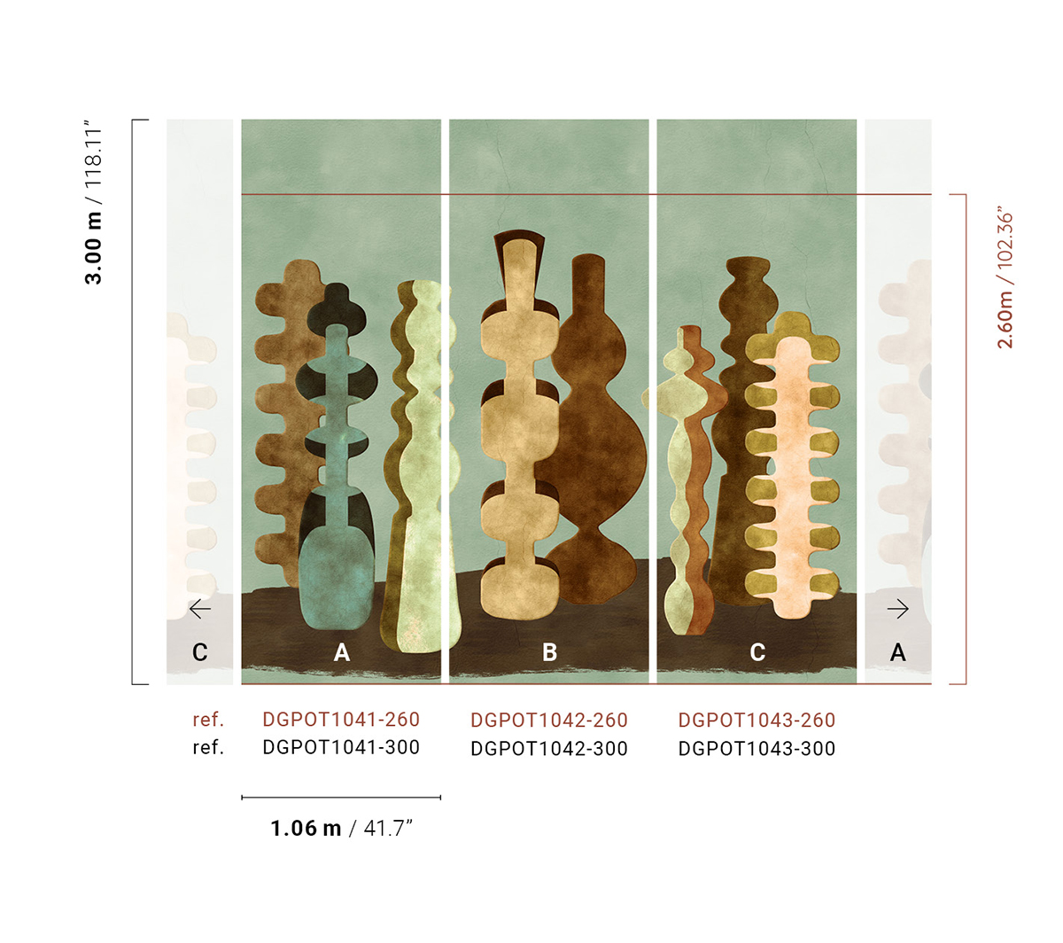 Papier peint panoramique Poterie Design vert d'eau - A, B et C H260 - Terra de Masureel | Réf. MAS-DGPOT104X-260