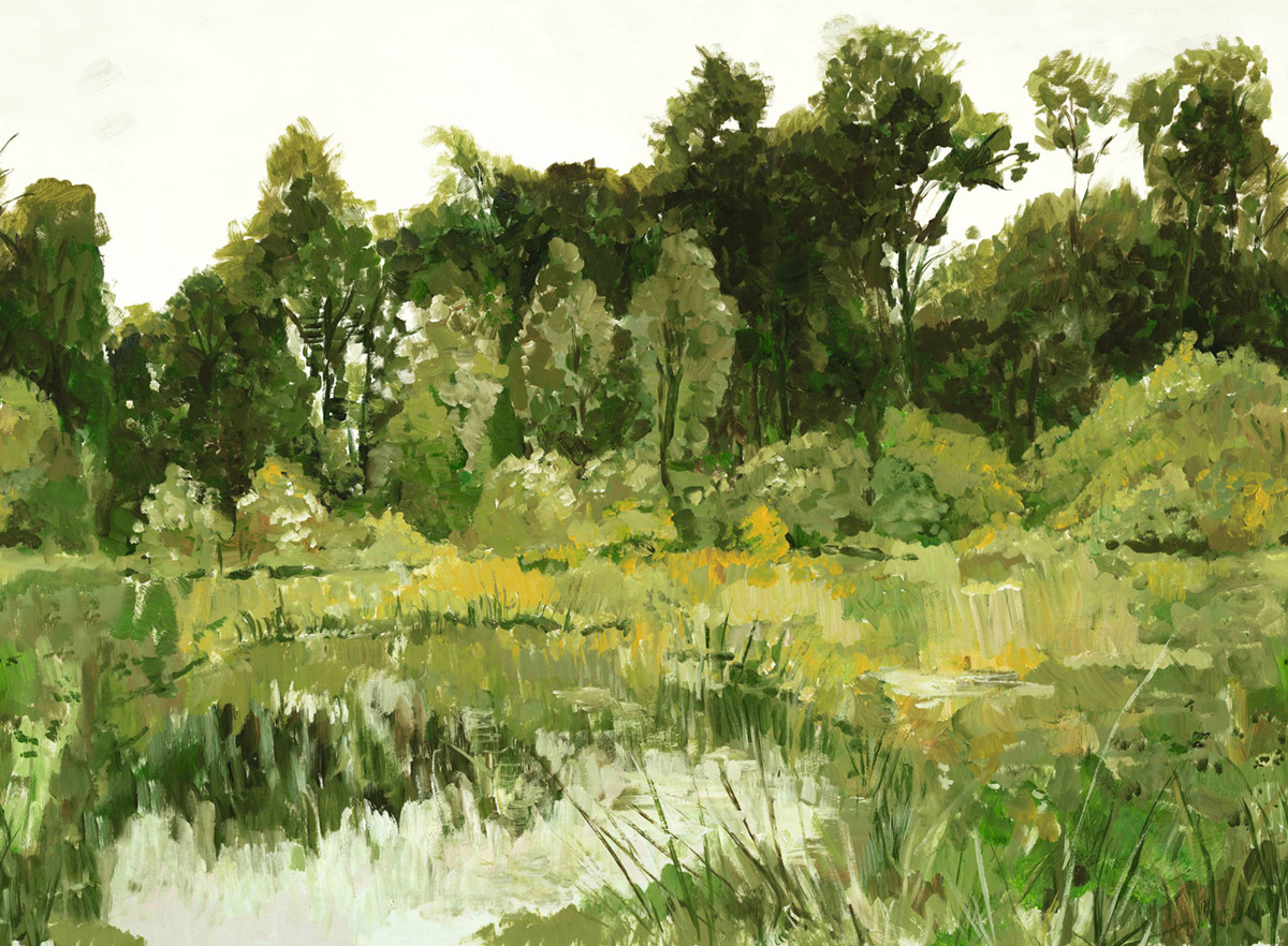 Papier peint panoramique Paysage Peint Colvert vert olive - Panoramas 3 de Casamance | Réf. CAS-76391222