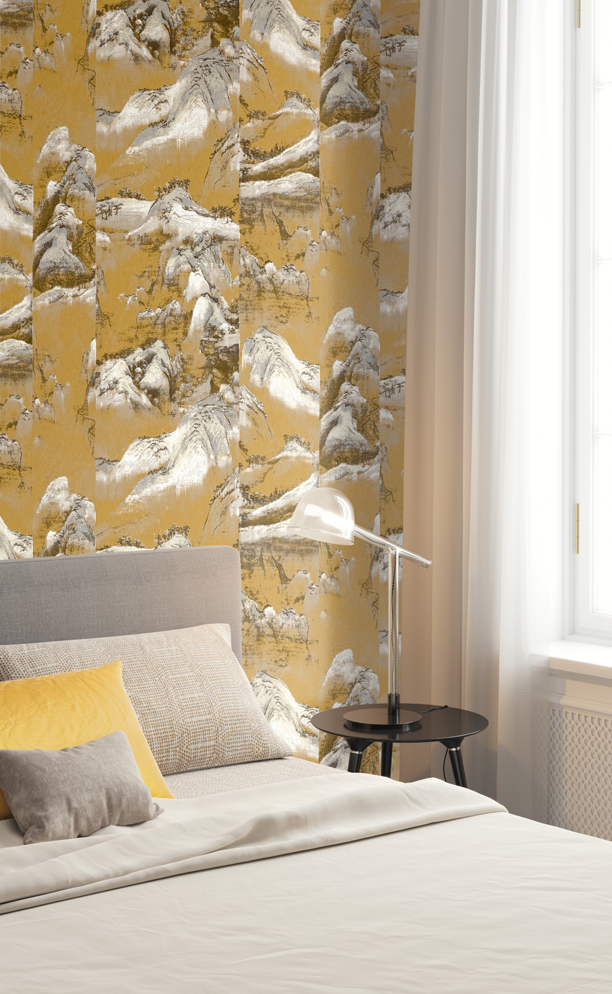 Papier peint Montagne Japonaise Akiyama ocre doré - Kimono de Masureel | Réf. MAS-KIM301