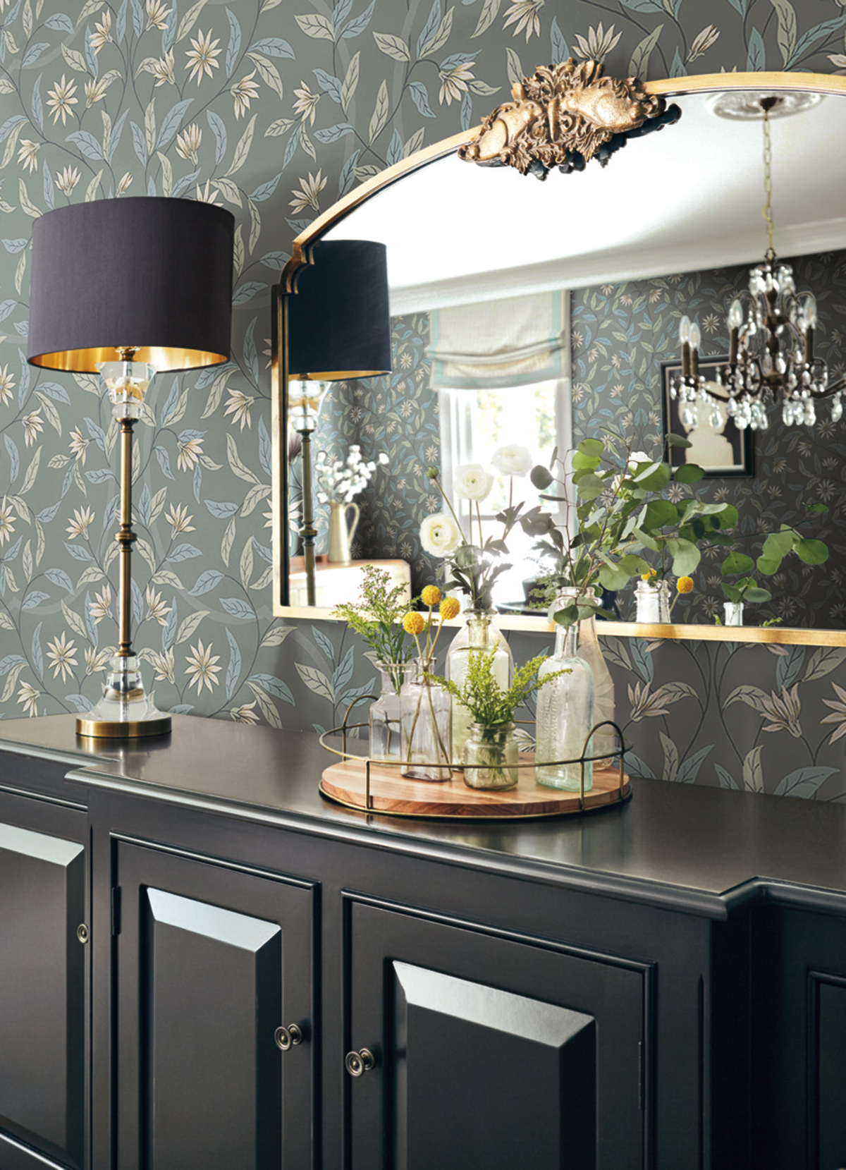 Papier peint Fleur Jasmin bleu gris - Greenhouse de York (Initiales) AMB2 | Réf. INI-GO8256