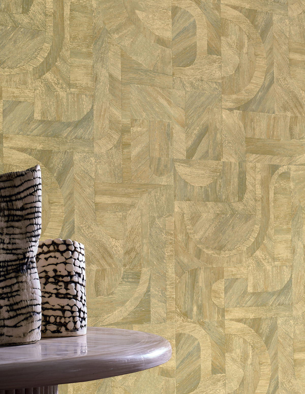 Papier peint Patchwork Ethnique Intarsia vert cactus - Nature sur Mesure de Casamance AMB2 | Réf. CAS-76870508