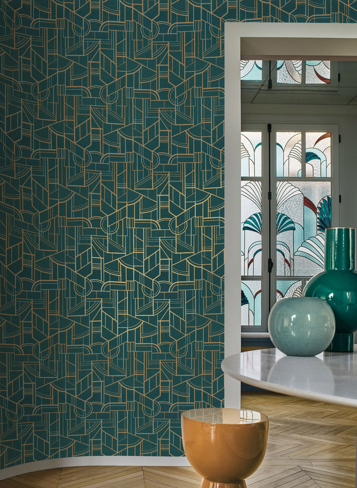 Papier peint Forme Cinétique vert canard doré - Faubourg des Lumières de Casamance | Réf. CAS-76292956
