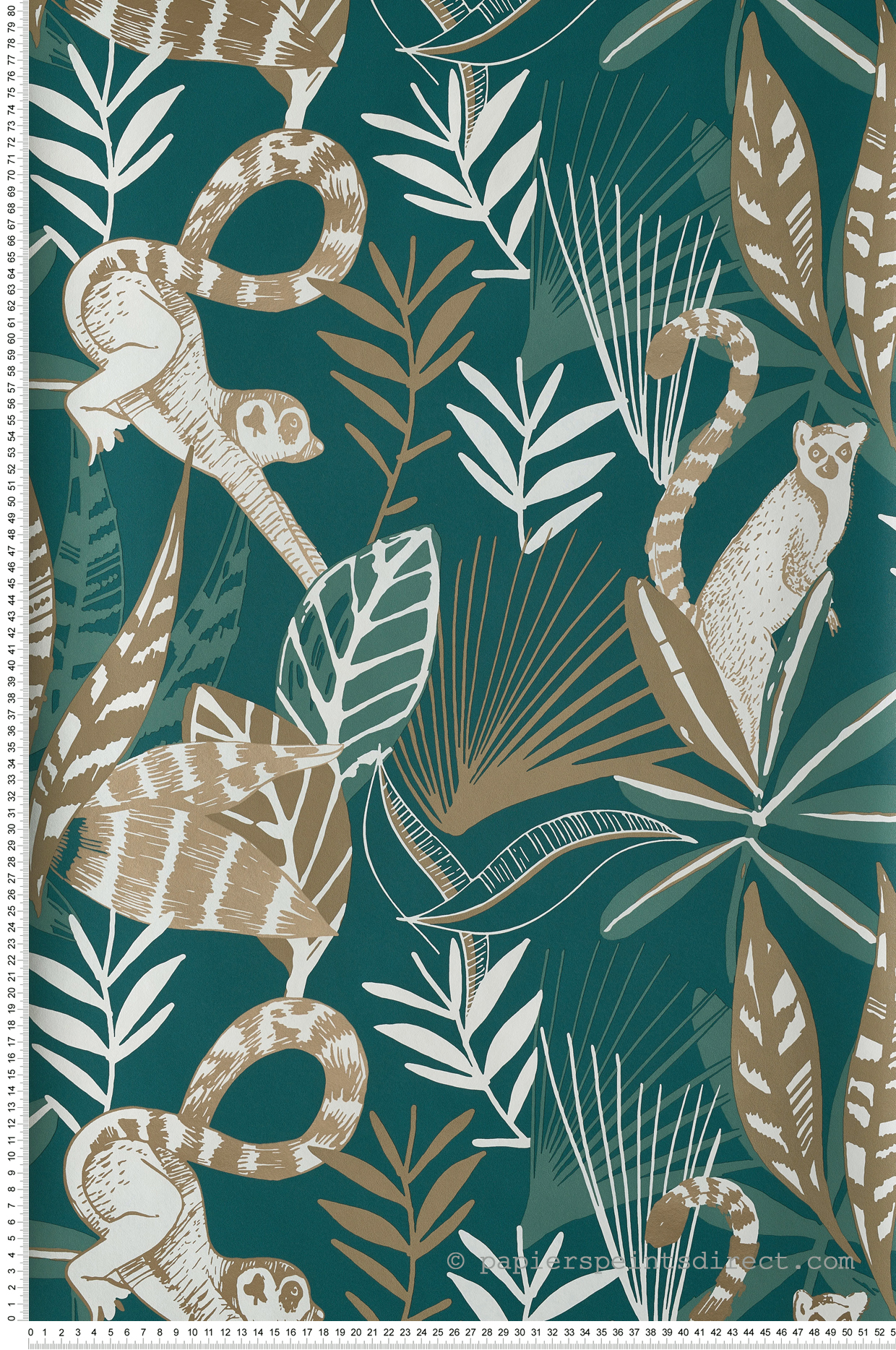 Papier peint Lémurien jungle Madagascar vert émeraude/doré - L'odyssée de Casélio | Réf. OYS101407800