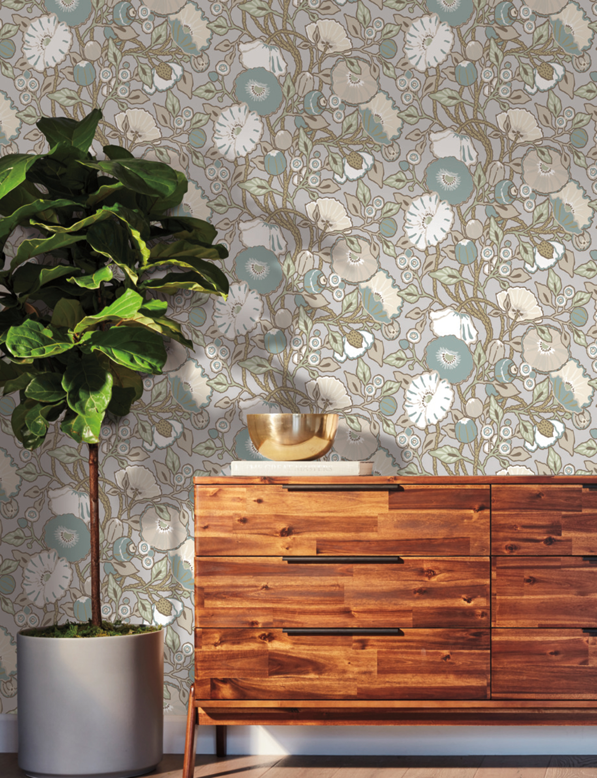 Papier peint Coquelicot Vintage bleu paon vert - Greenhouse de York (Initiales) | Réf. INI-GO8313