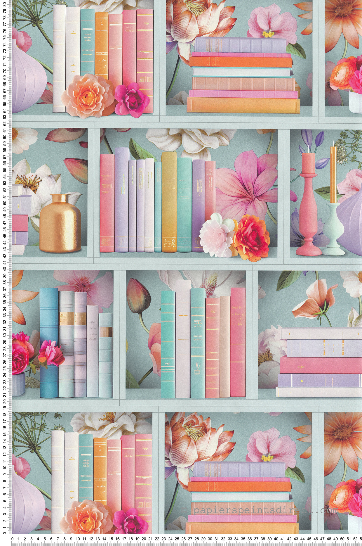 Papier Peint Bibliothèque Étagère Florale bleu doux - Illusion d'Ugépa | Réf. UGP-M89001