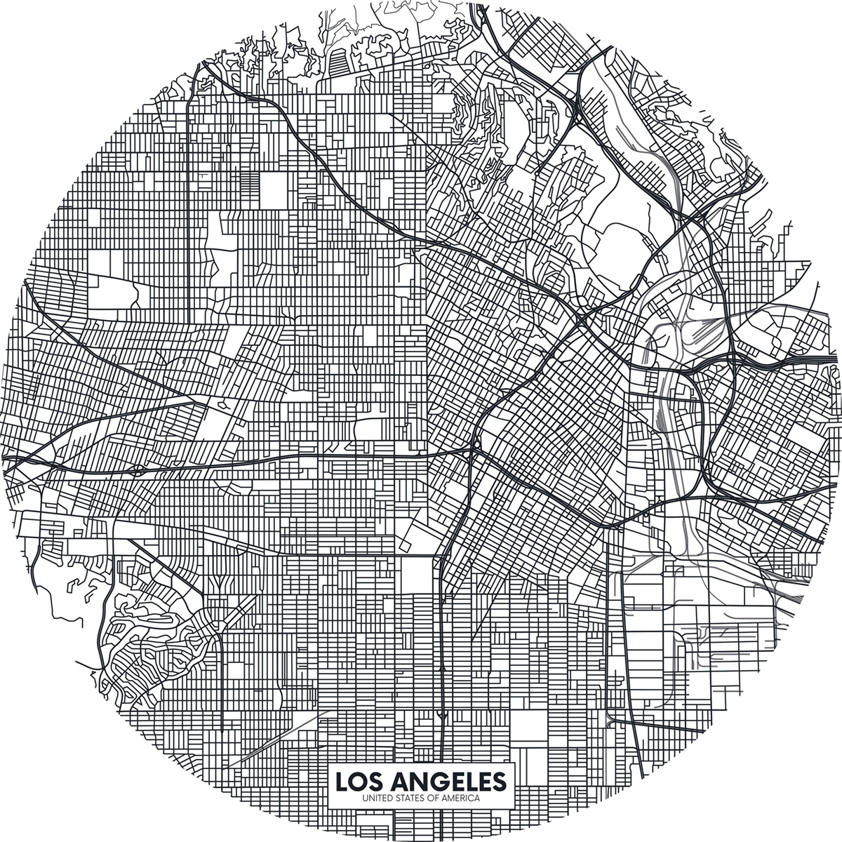Sticker mural Rond Plan Fly To Los Angeles noir et blanc - Young & Free de Casélio | Réf. YNF103450999