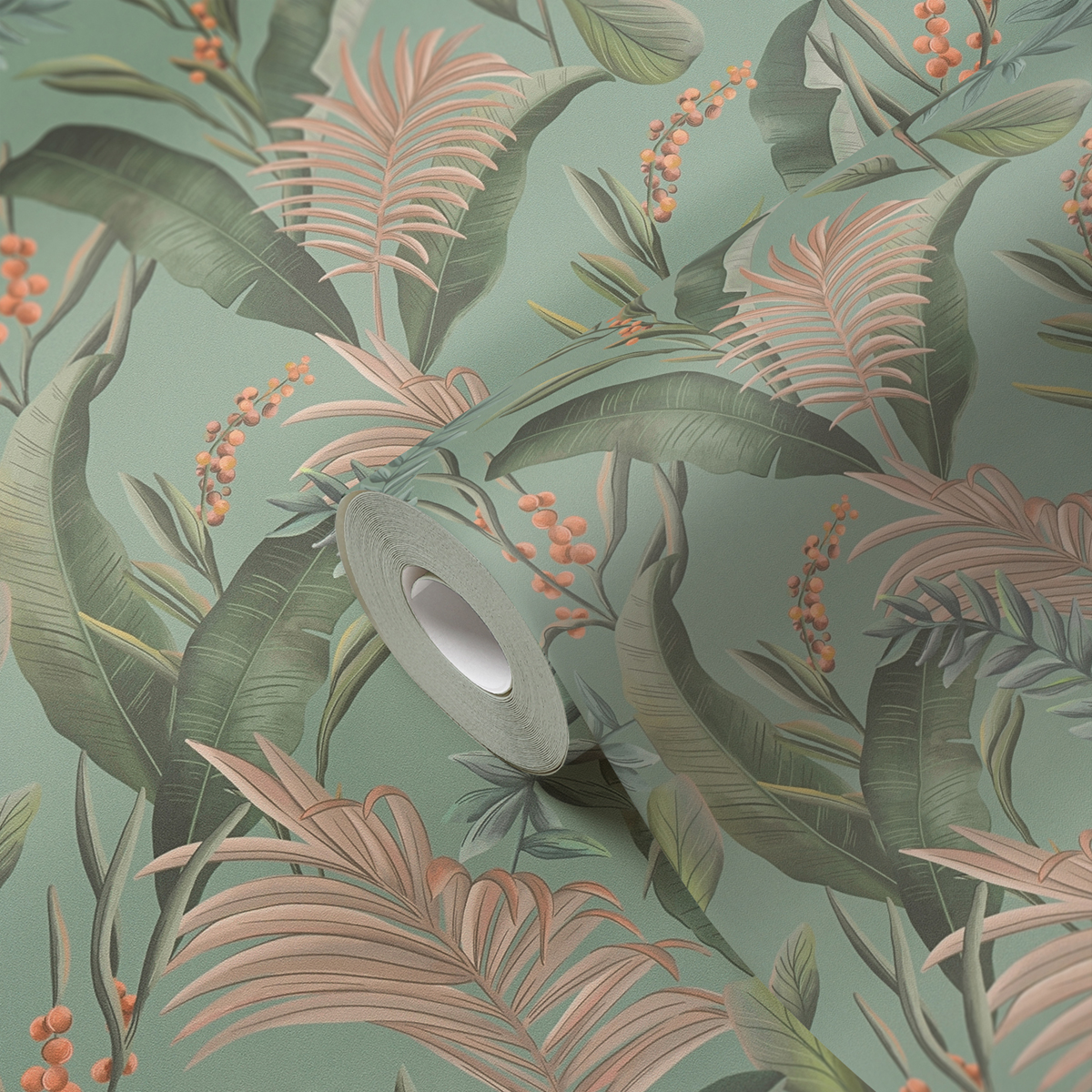 Papier peint Feuille Nature Tropical vert sauge - Drawn Into Nature de Livingwalls AMB4| Réf. 39436-4