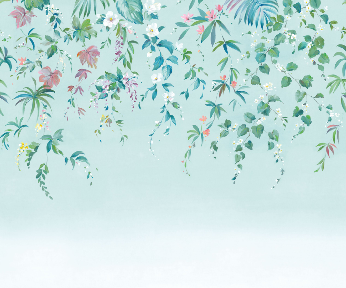 Papier peint panoramique Ronde Végétale Fleurie S bleu ciel 300x250 - Wonderwalls de Casadéco | Réf. WDWS89166707