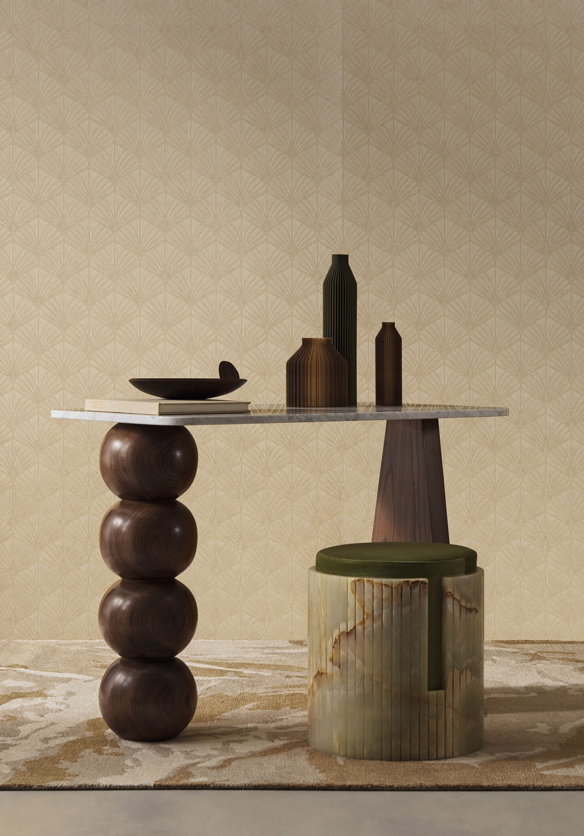 Papier peint Palmette Art Déco Néréide beige ficelle doré - Magnitude de Casamance | Réf. CAS-76651528