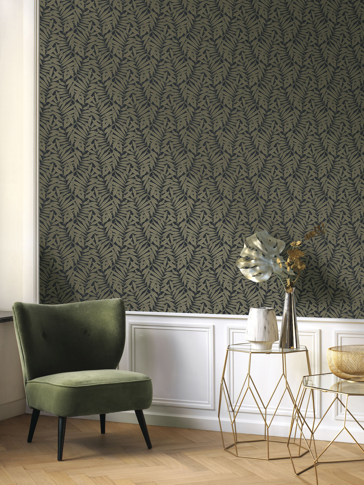 Papier peint Feuillage Preston kaki irisé - Derby de Casadéco | Réf. DERB89317684