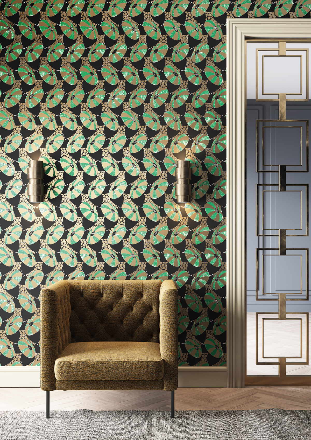 Papier peint Soucoupe Cecilia vert doré - Folies de Masureel | Réf. MAS-FOL001