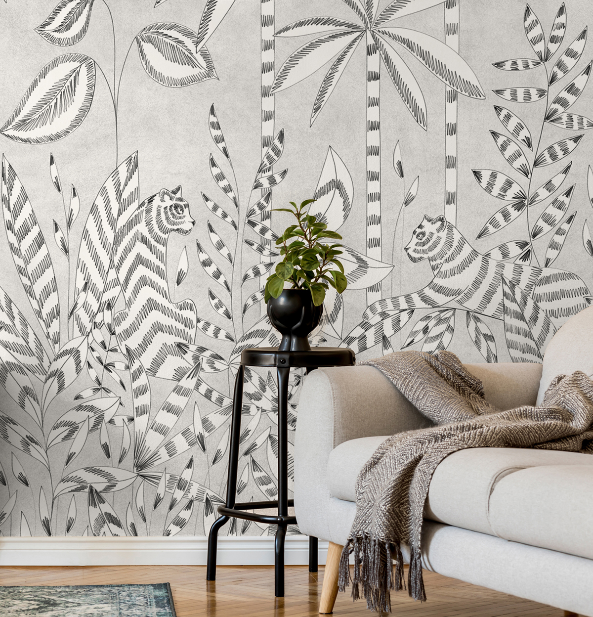 Papier peint panoramique Paradis des Tigres Grisaille A+B+C - 1/2/3/4/5/6/7/8/9 - Isidore Leroy