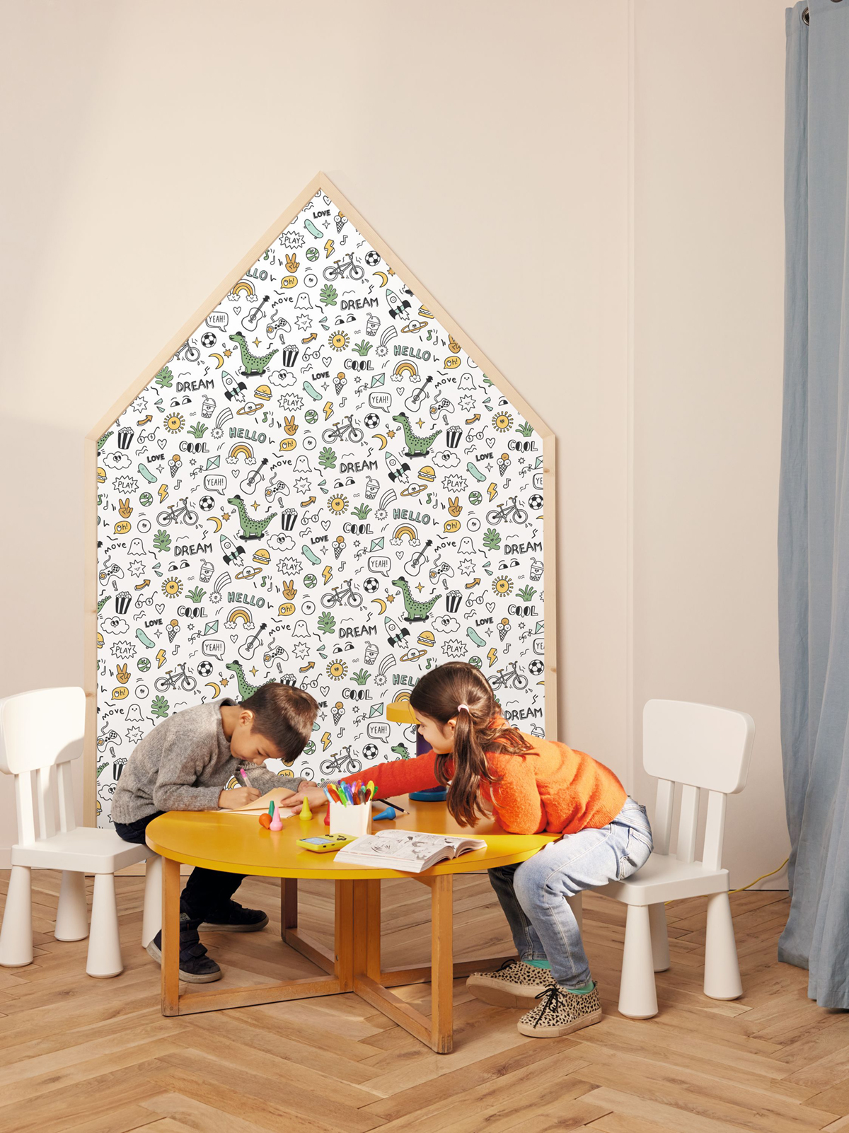 Papier peint Doodles BD multicouleurs - Les Minis Mondes de Casélio | Réf. MNM105834527