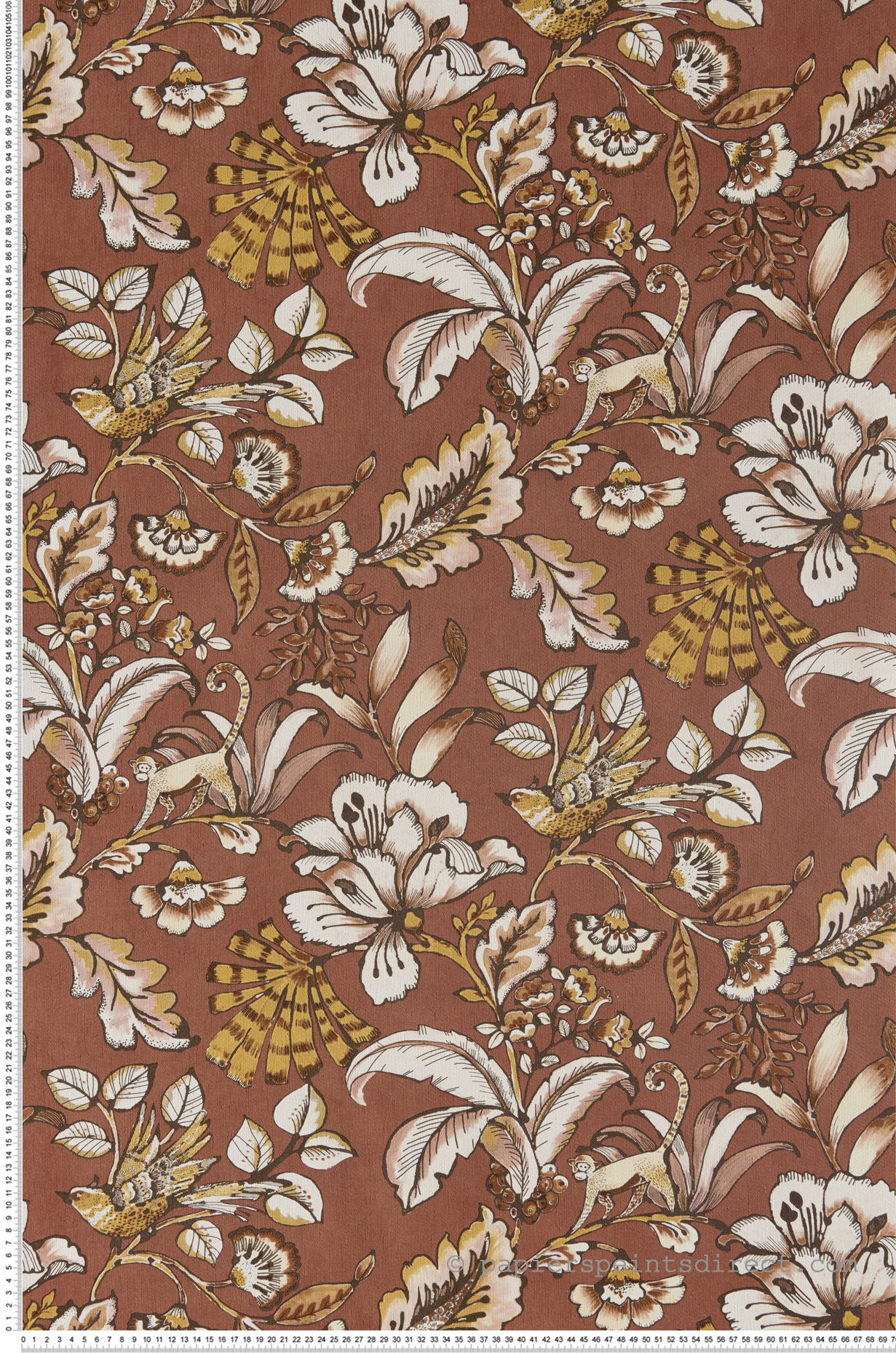 Papier peint animaux fleuri Paiony rouge brique - Ceylan de Casamance | Réf. CAS-74522756