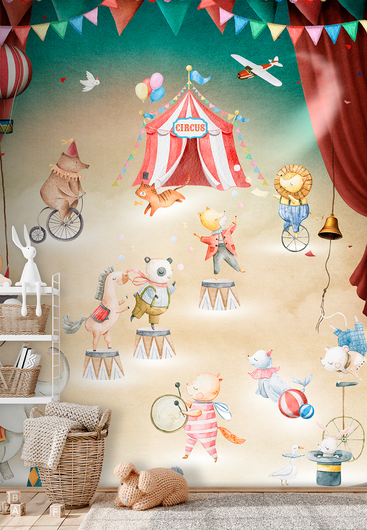 Papier peint panoramique Animaux Playing Circus multicouleurs - Farandole de Lutèce | Réf. LTC-CW6056-1