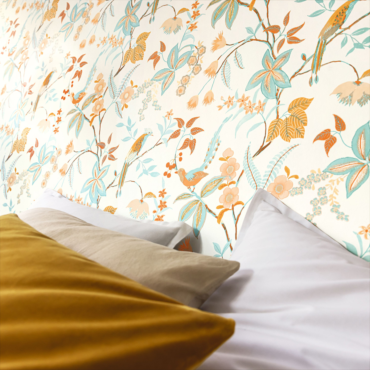 Papier peint Oiseau Feuillage Happy orange bleu mordoré - Happy Therapy de Casélio AMB3 | Réf. HTH104060354