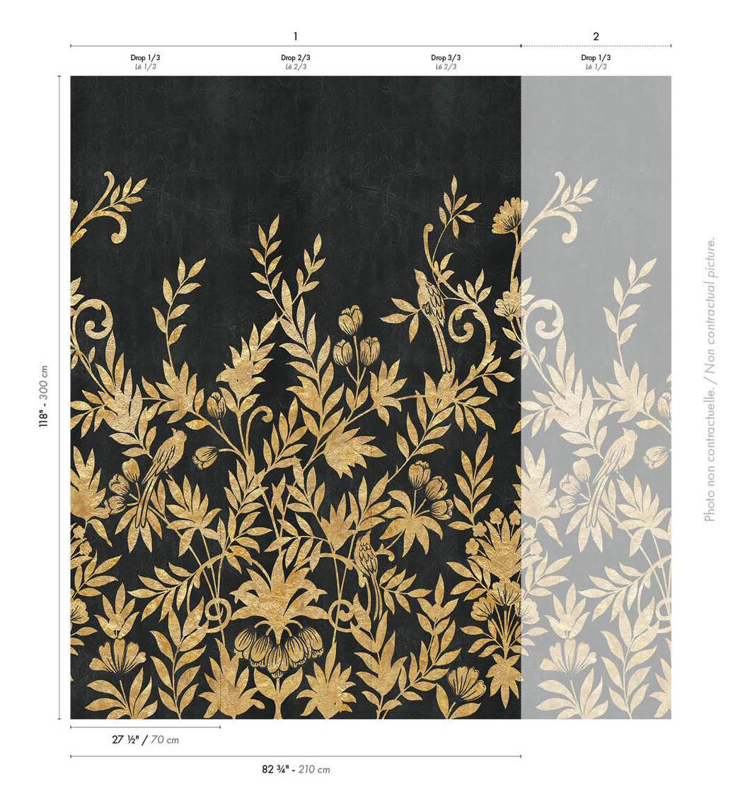 Papier peint panoramique Oiseau Jardin de Diane noir doré - Panoramas 4 de Casamance AMBR | Réf. CAS-76740916