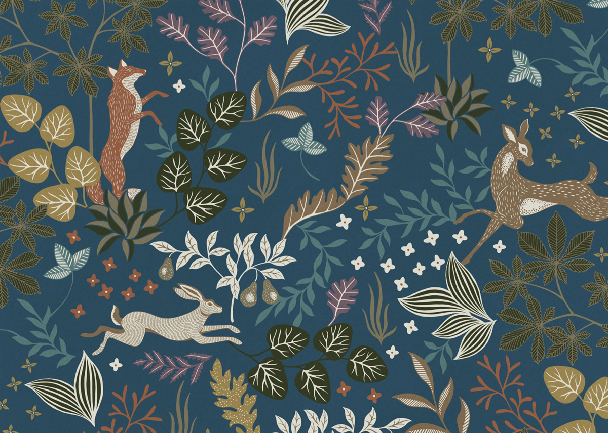 Papier peint panoramique Animaux Wood Night bleu - Seasons de Komar