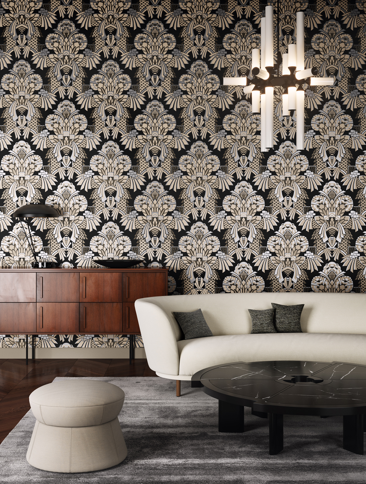 Papier peint Médaillon Baroque Dorothy taupe argenté - Folies de Masureel | Réf. MAS-FOL703