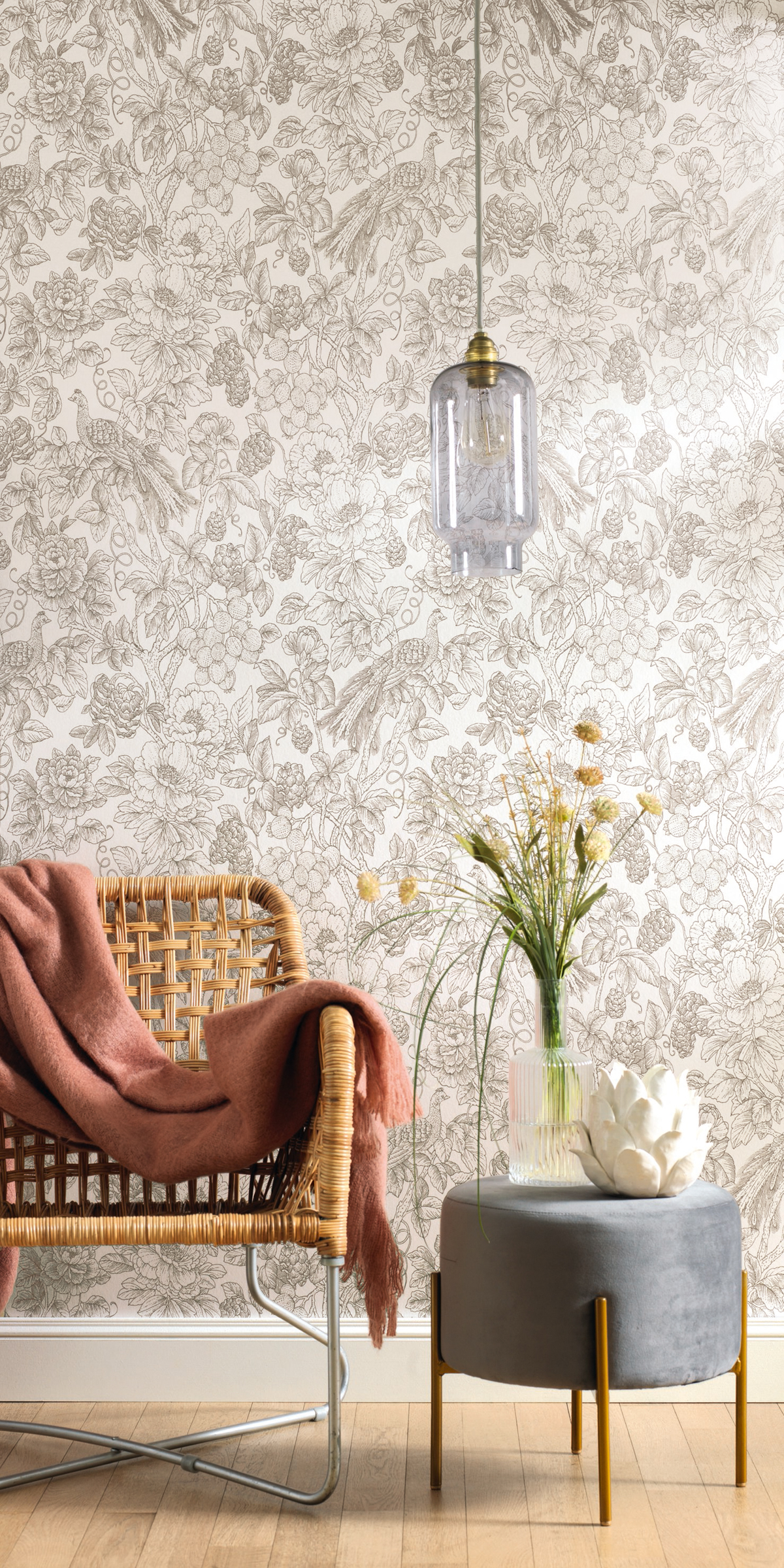 Papier peint Floral et Oiseau Feather tourterelle - Delicacy de Casadéco | Réf. DELY85369348