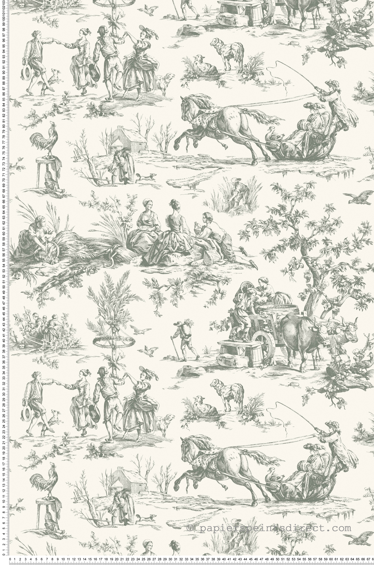 Papier peint Toile de Jouy Ferme Seasons vert argile - Toiles de York (Initiales) | Réf. INI-GR5922