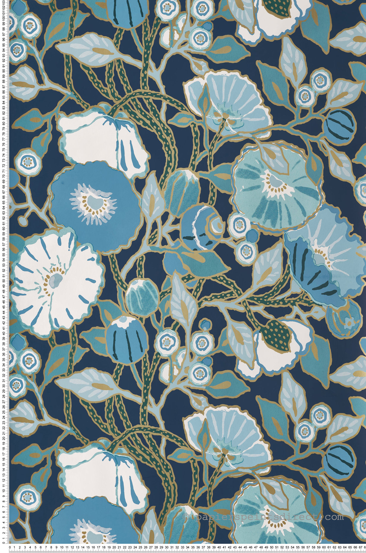 Papier peint Coquelicot Vintage bleu doré - Greenhouse de York (Initiales) | Réf. INI-GO8312