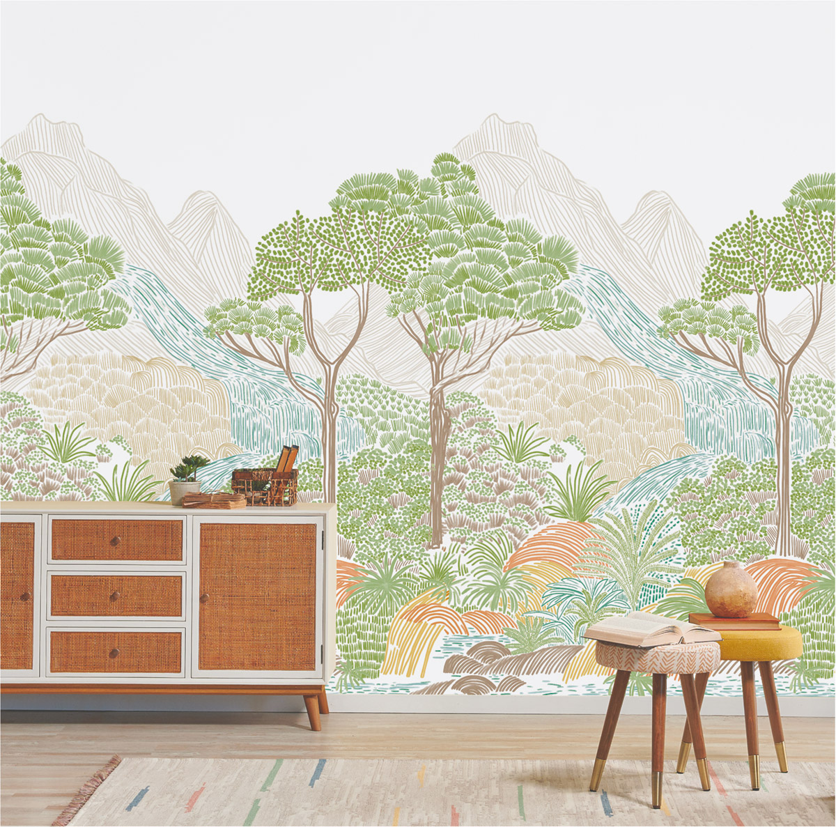 Papier peint Panoramique Paysage Oasis beige vert - Jardin d'Eden de Lutèce | Réf. LTC-51248207