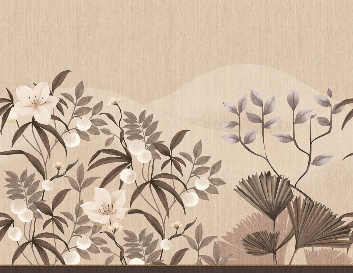 Papier peint panoramique Botanique Hevea L beige ficelle 400X310 - Rio de Casadéco | Réf. RIOC201842112