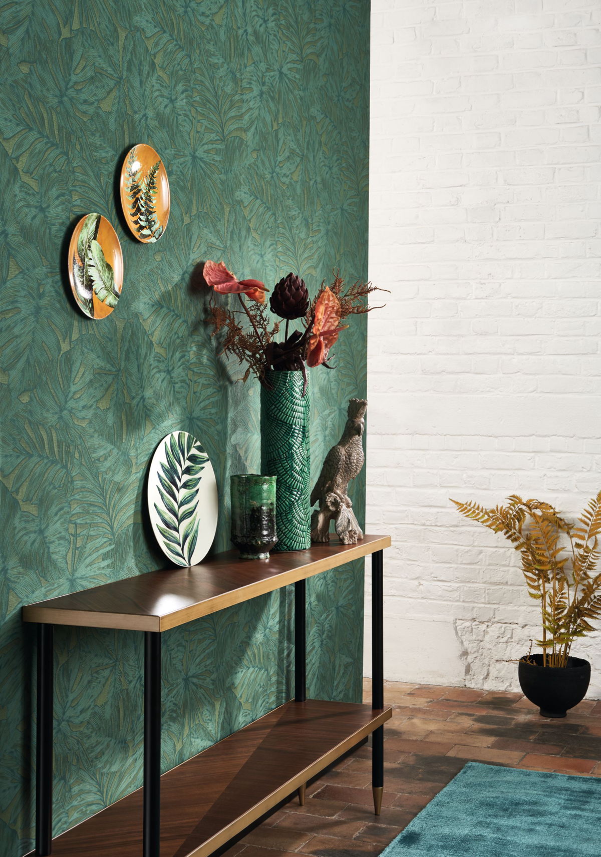 Papier peint Palmes Gravure Granada vert paon - Vegetals de Casadéco | Réf. VEGE86437474