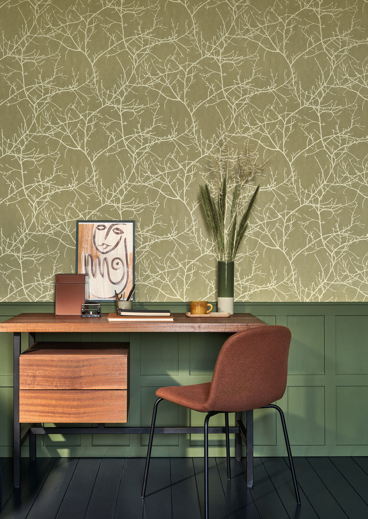 Papier peint Branche Arbre Vancouver vert olive - Riverside 4 de Casadéco | Réf. RIVI89537905