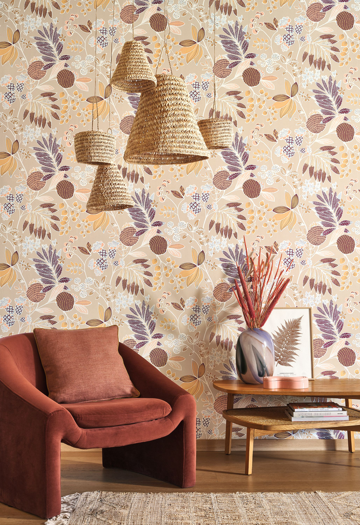 Papier peint Feuillage Palm Springs prune bleu beige - California de Casadéco AMB2 | Réf. CALF88801414