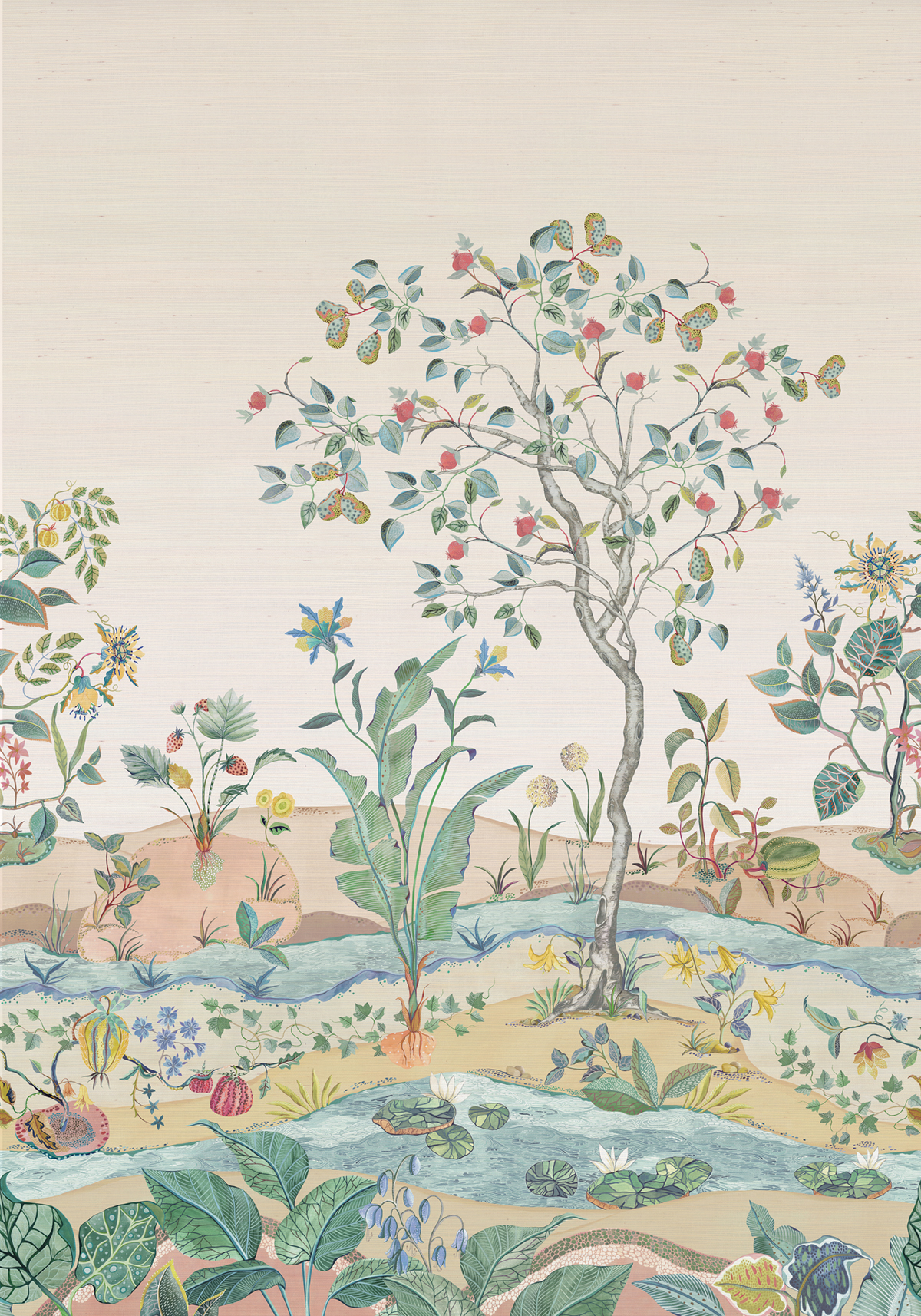Papier peint panoramique Paysage Fruit Mythica Mural Grasscloth beige - Rhapsody d'Osborne & Little | Réf. OSB-W7817-04