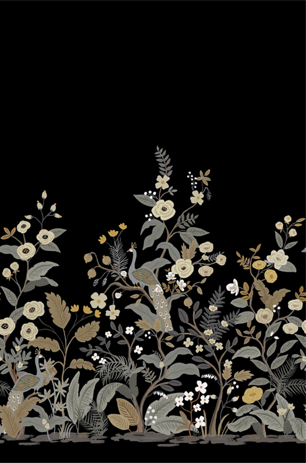 Papier peint panoramique Fleur Peacock gris - Rifle Paper Co. 3 de York (Initiales) | Réf. INI-RP7399M