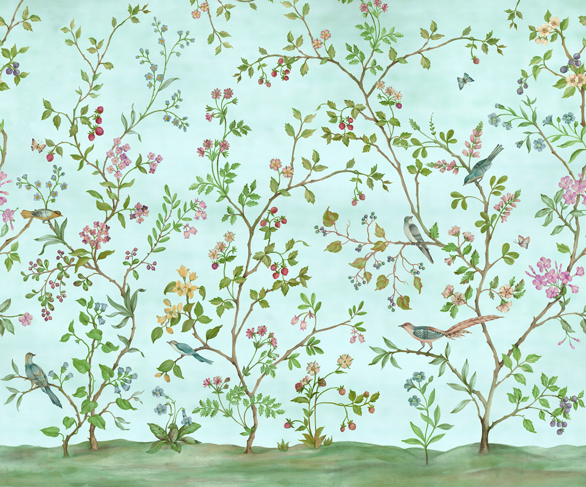 Papier peint panoramique Oiseau Nirvana Novel bleu vert - Papier Peint Komar Infinity 2