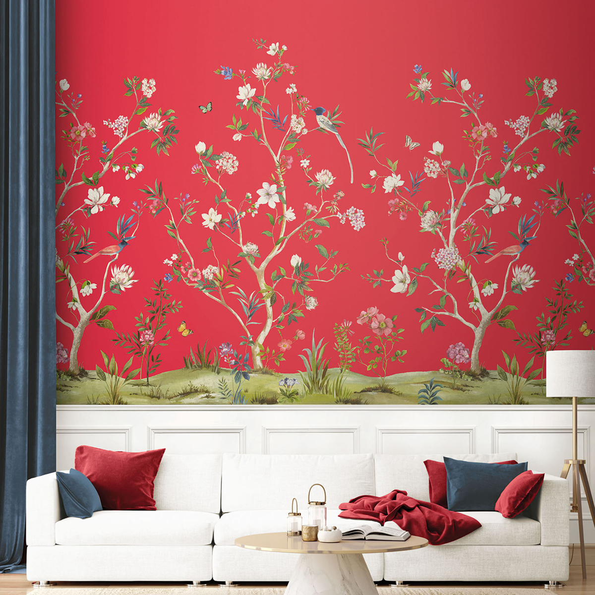Papier peint panoramique Oiseaux Chinoiserie Magnolia rose fushia - Daisy Bennett d'Initiales | Réf. INI-DB30501M