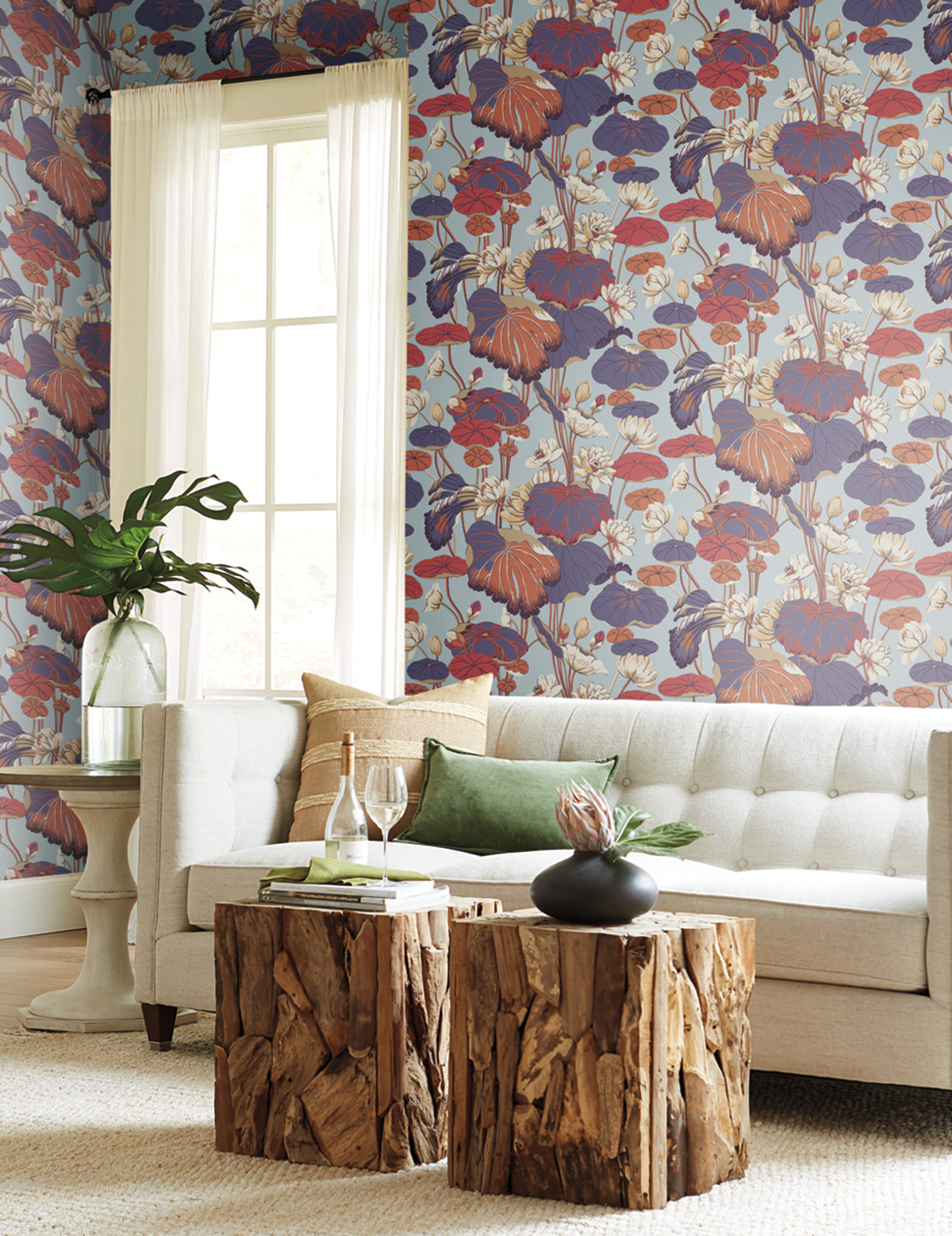 Papier peint Fleur de Lotus parme, rose, orange - Greenhouse de York (Initiales) AMB2 | Réf. INI-GO8291