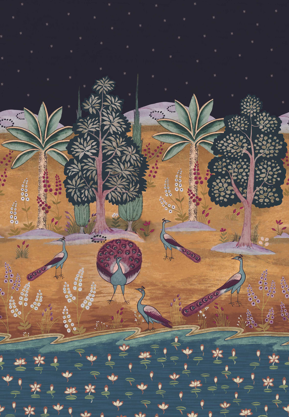 Papier peint panoramique Paon Garland Of Ragini Nuit ocre - V&A Decorative Papers II d'Initiales | Réf. INI-2412-183-02