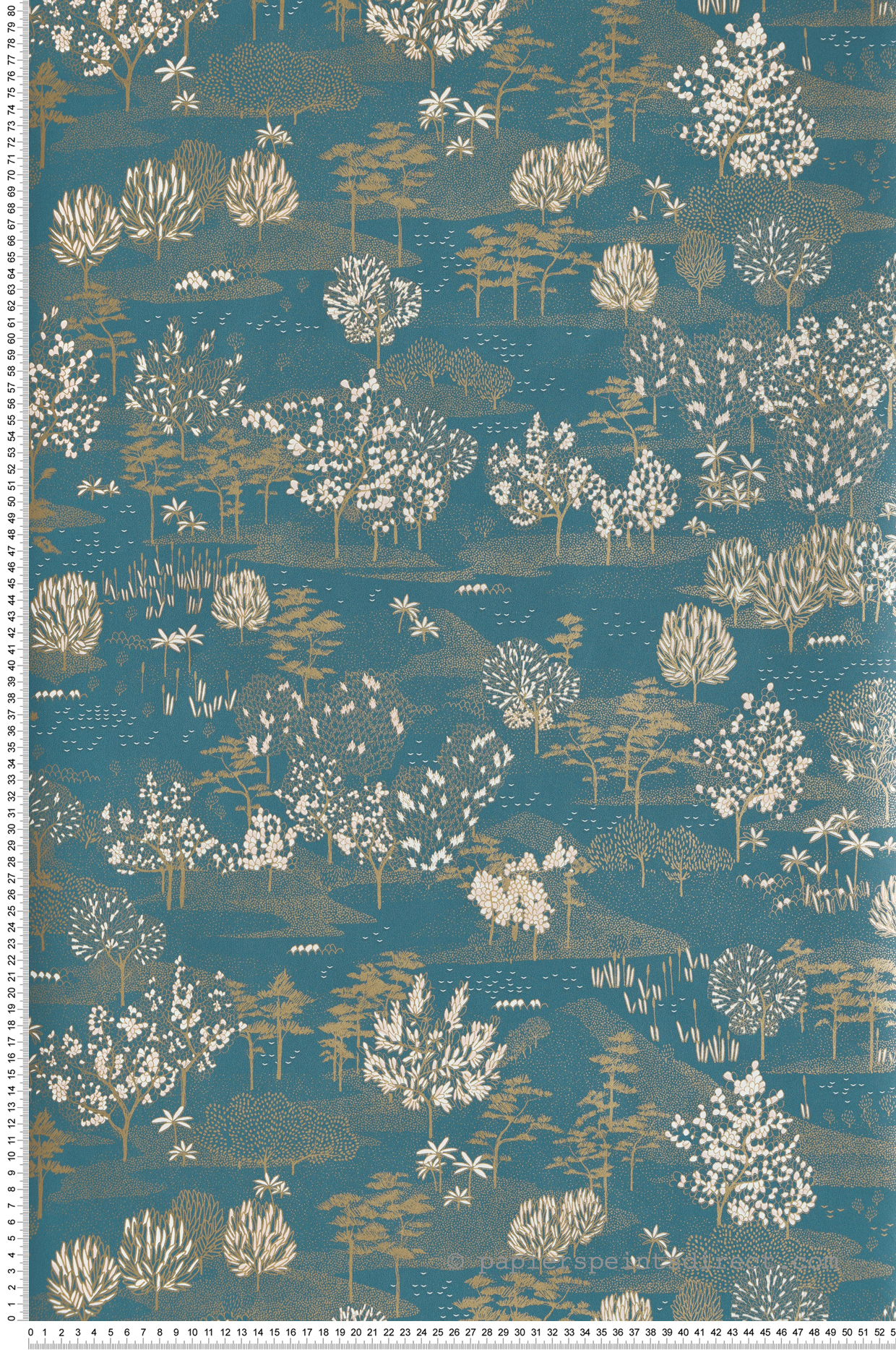 Papier peint Arbre Jardin d'Olinda bleu canard doré - Nos Gravures de Casélio | Réf. NGR103046244