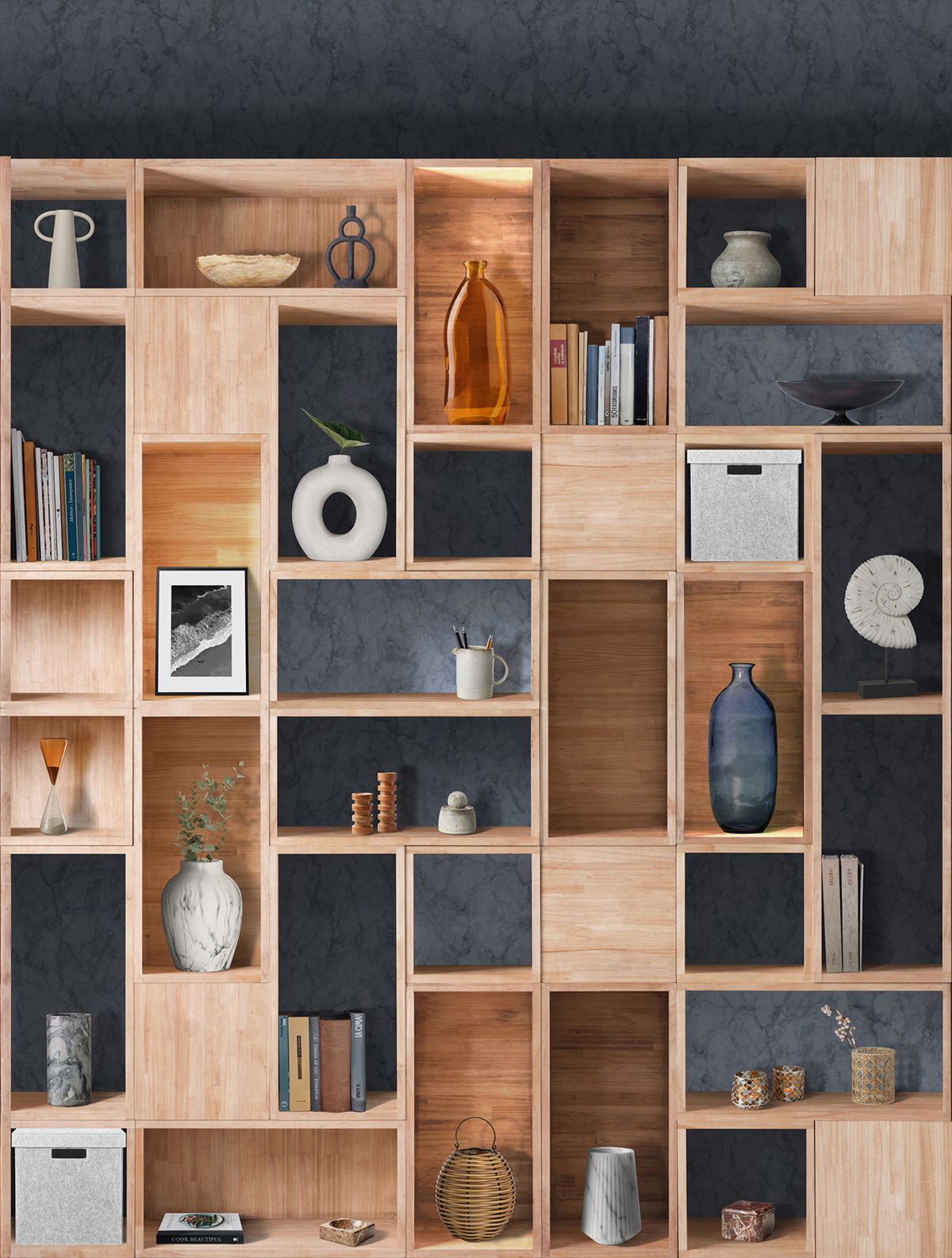 Papier peint panoramique Bibliothèque Wood Shelving Bois gris foncé - Panorama 2 de Lutèce | Réf. LTC-PAN1802C