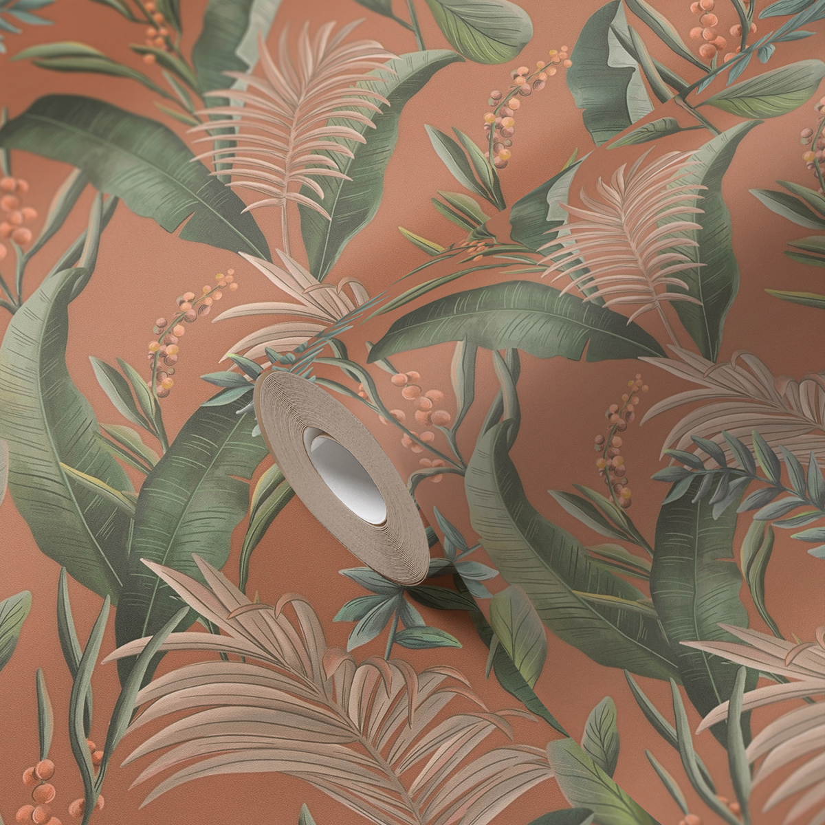 Papier peint Feuille Nature Tropical terracotta vert - Drawn Into Nature de Livingwalls AMB5| Réf. 39436-2