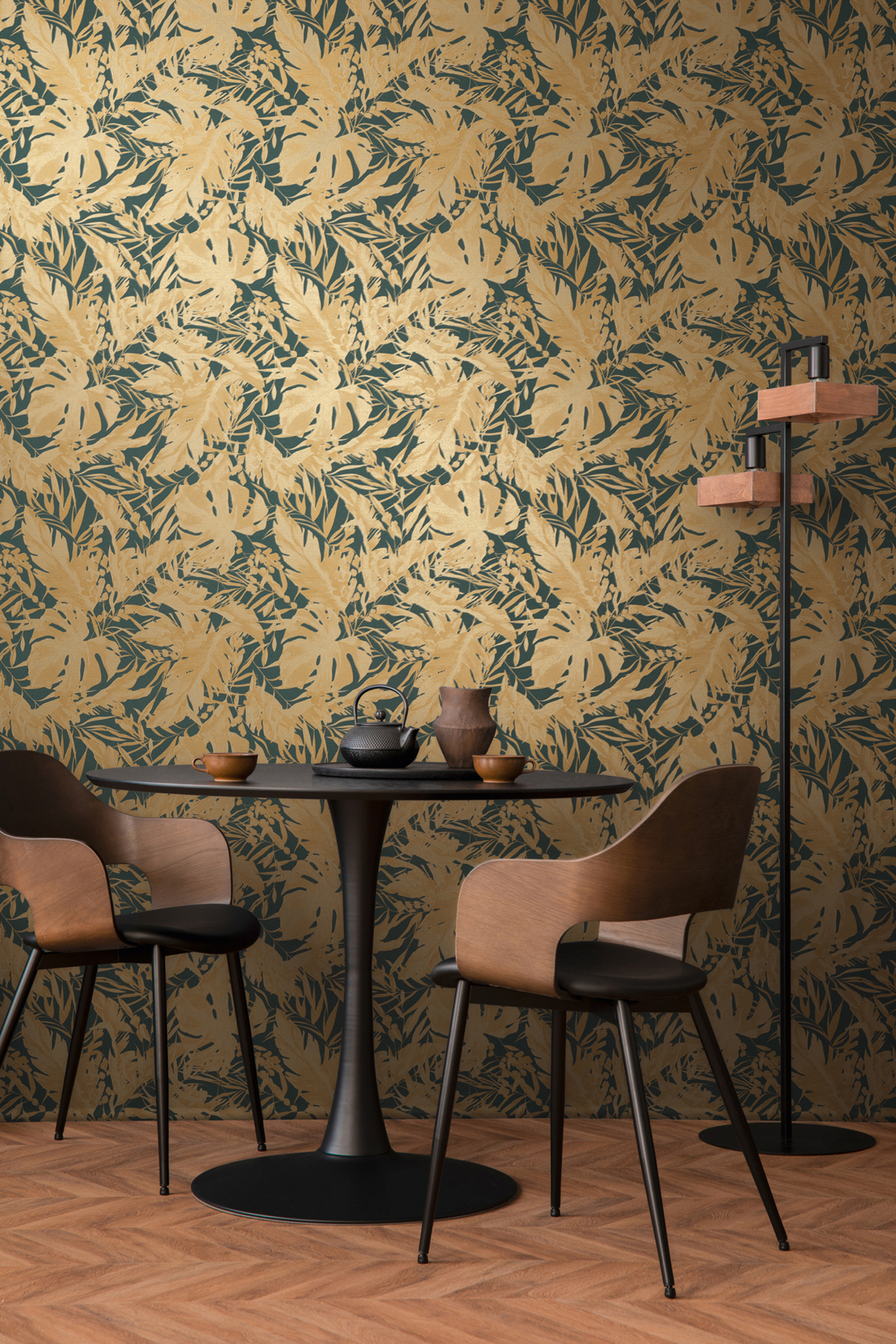 Papier peint Jungle Végétaux Earthlines bleu canard doré - Cosmoliving d'A.S. Création AMB2 | Réf. AS-790636