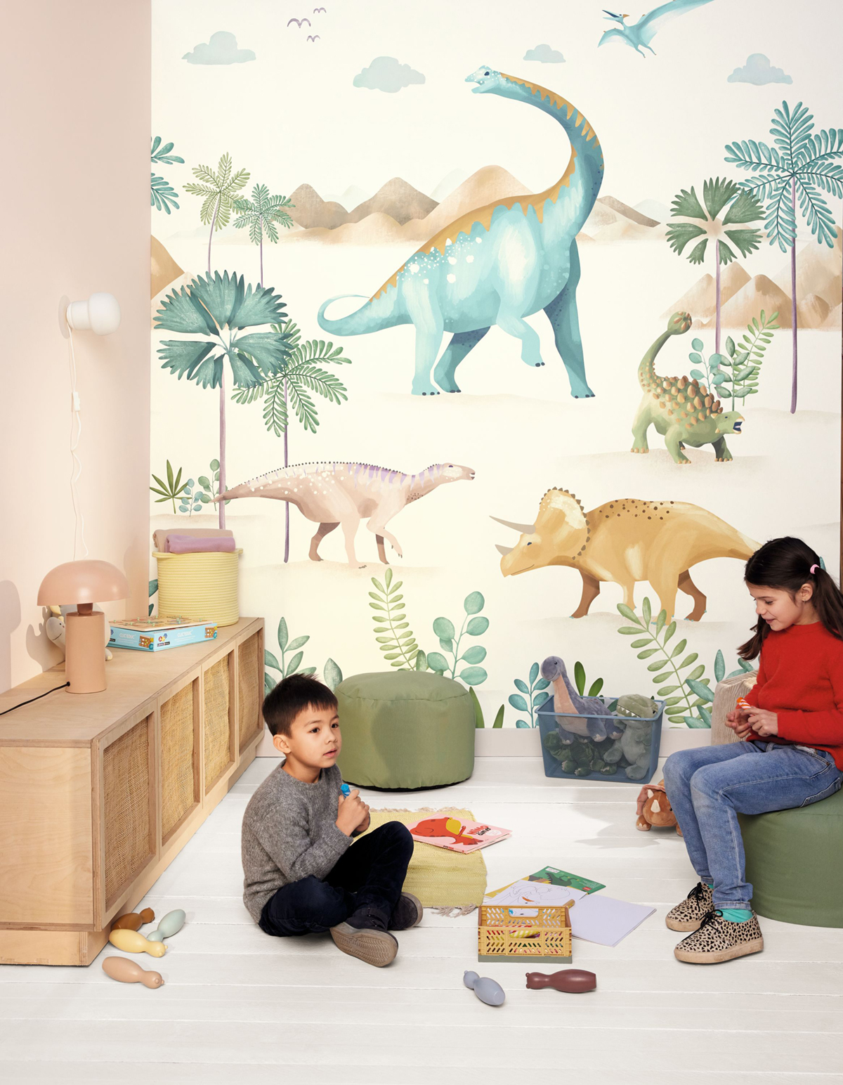 Papier peint panoramique Monde des Dinosaures vert L 250X310 - Les Minis Mondes de Casélio | Réf. MNM105774502