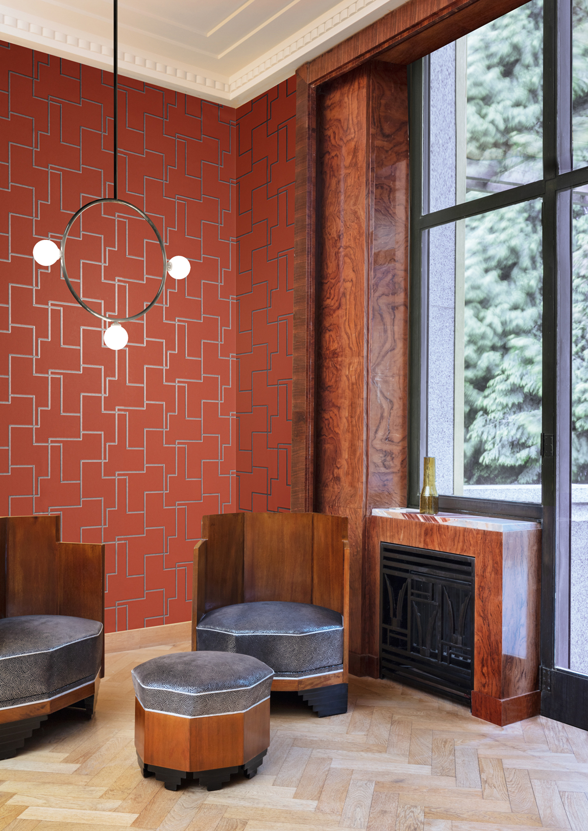 Papier peint Trait Graphique Christo terracotta argenté - Folies de Masureel | Réf. MAS-FOL202