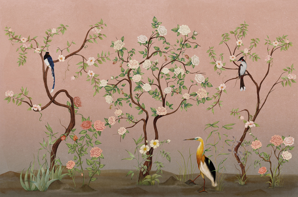 Papier peint panoramique Oiseau Classique Kaori rose - Panorama 2 de Lutèce | Réf. LTC-PAN1551C