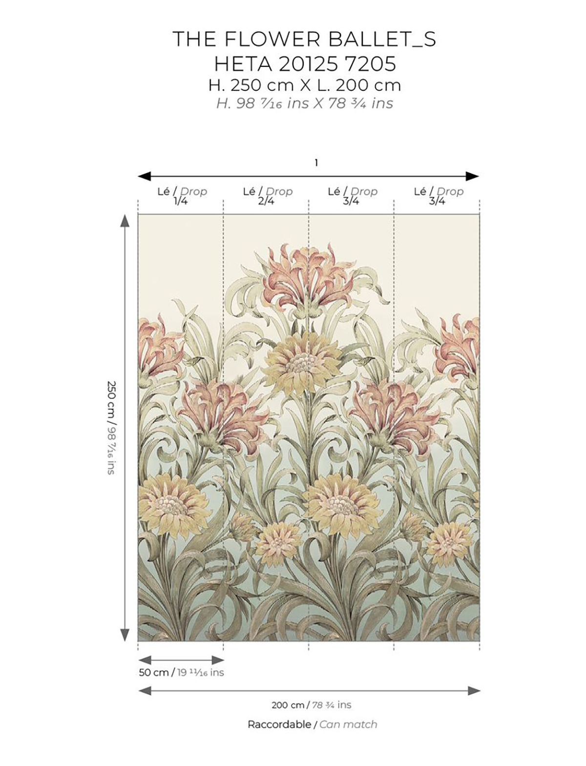 Papier peint panoramique Fleurs Ballet S vert bordeaux 200X250 - Heritage de Casadéco AMBR | Réf. HETA201257205