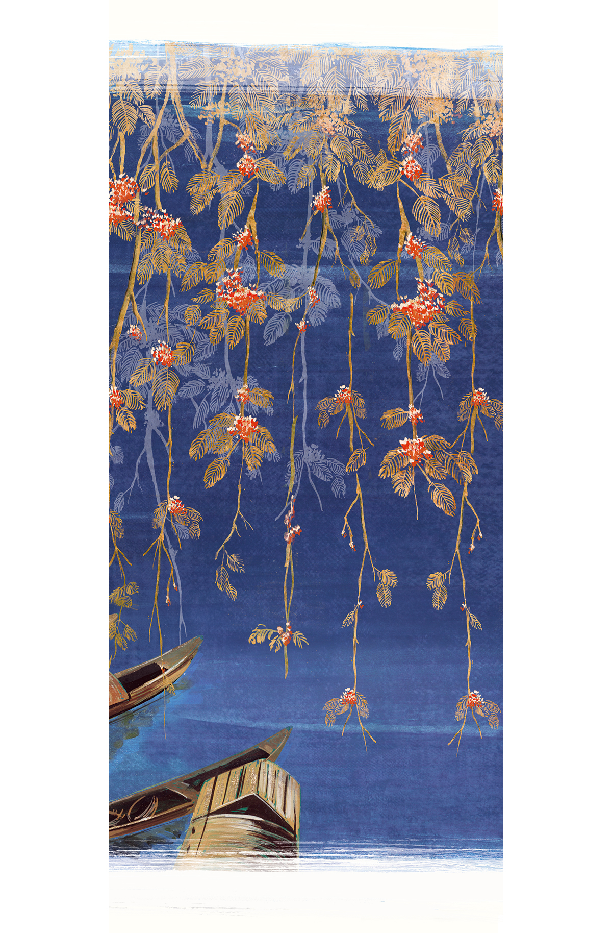 Papier peint panoramique Barque Japonaise River bleu marine - C H300 - Kimono de Masureel | Réf. MAS-DGKIM2033