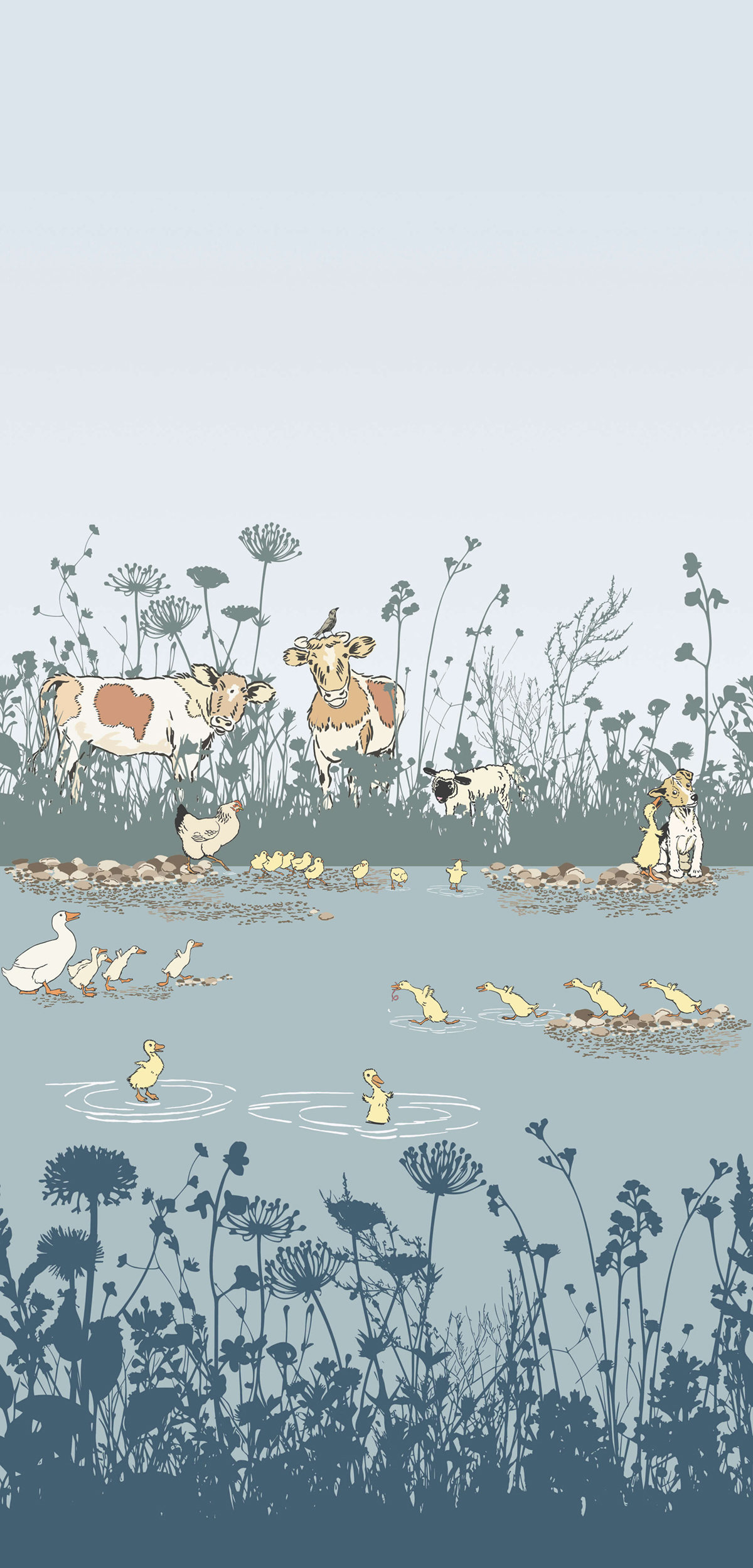 Papier peint Vache et Poussin Riverside Capers Moo - Storybook Papers de Little Greene | Réf. 0231RIMOOZZ