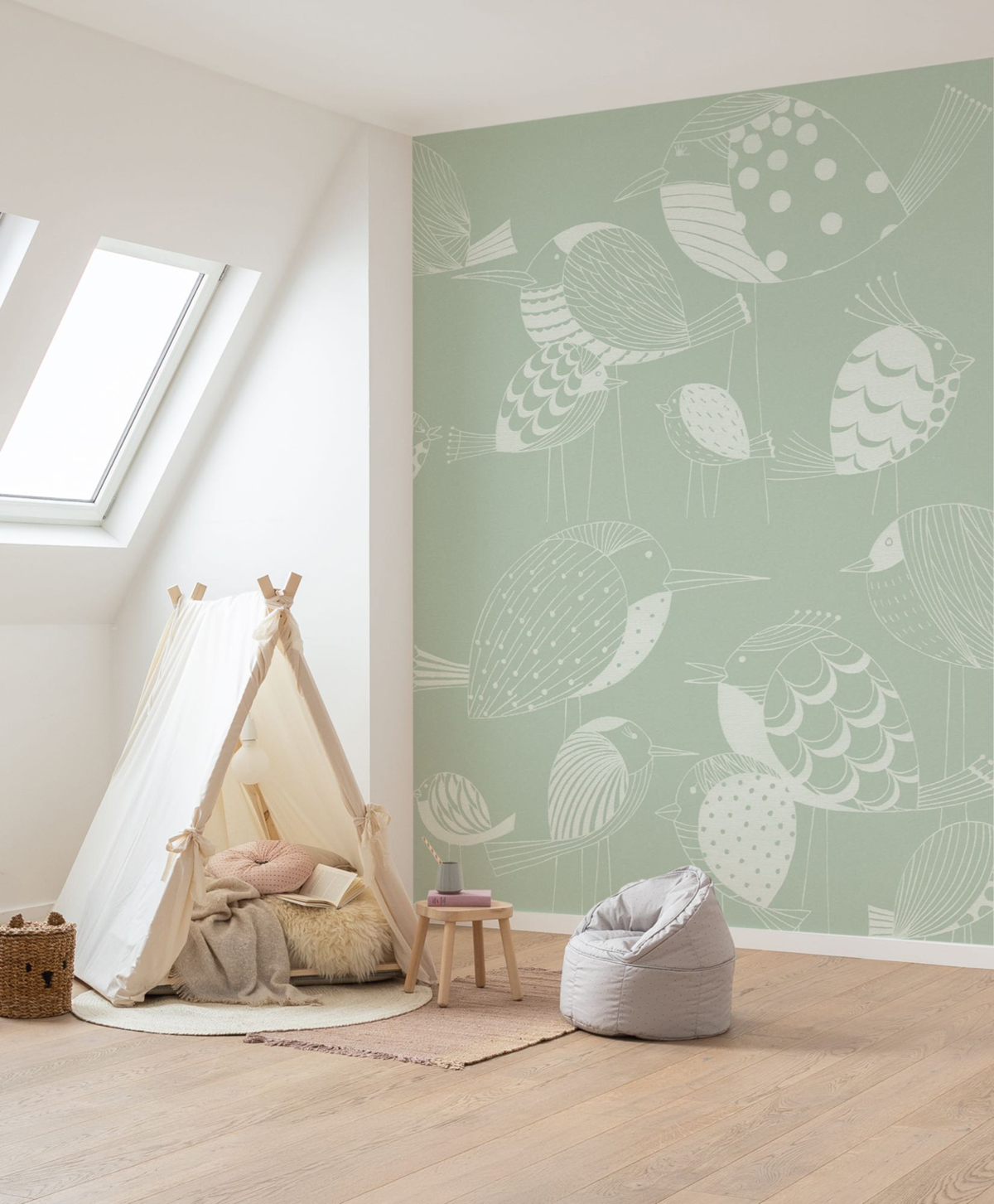 Papier peint panoramique Oiseaux Naive Birds vert d'eau - Seasons de Komar