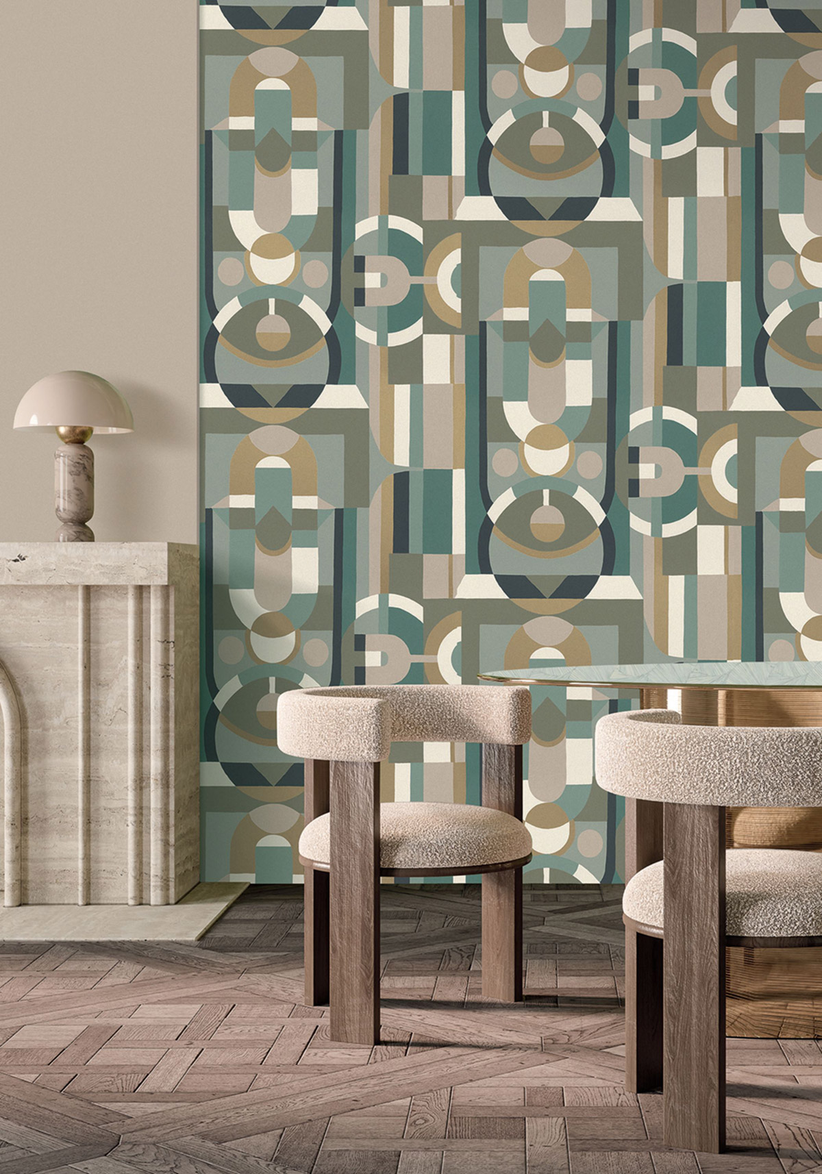 Papier peint Art Déco Vitrail céladon doré - Faubourg des Lumières de Casamance | Réf. CAS-76250202