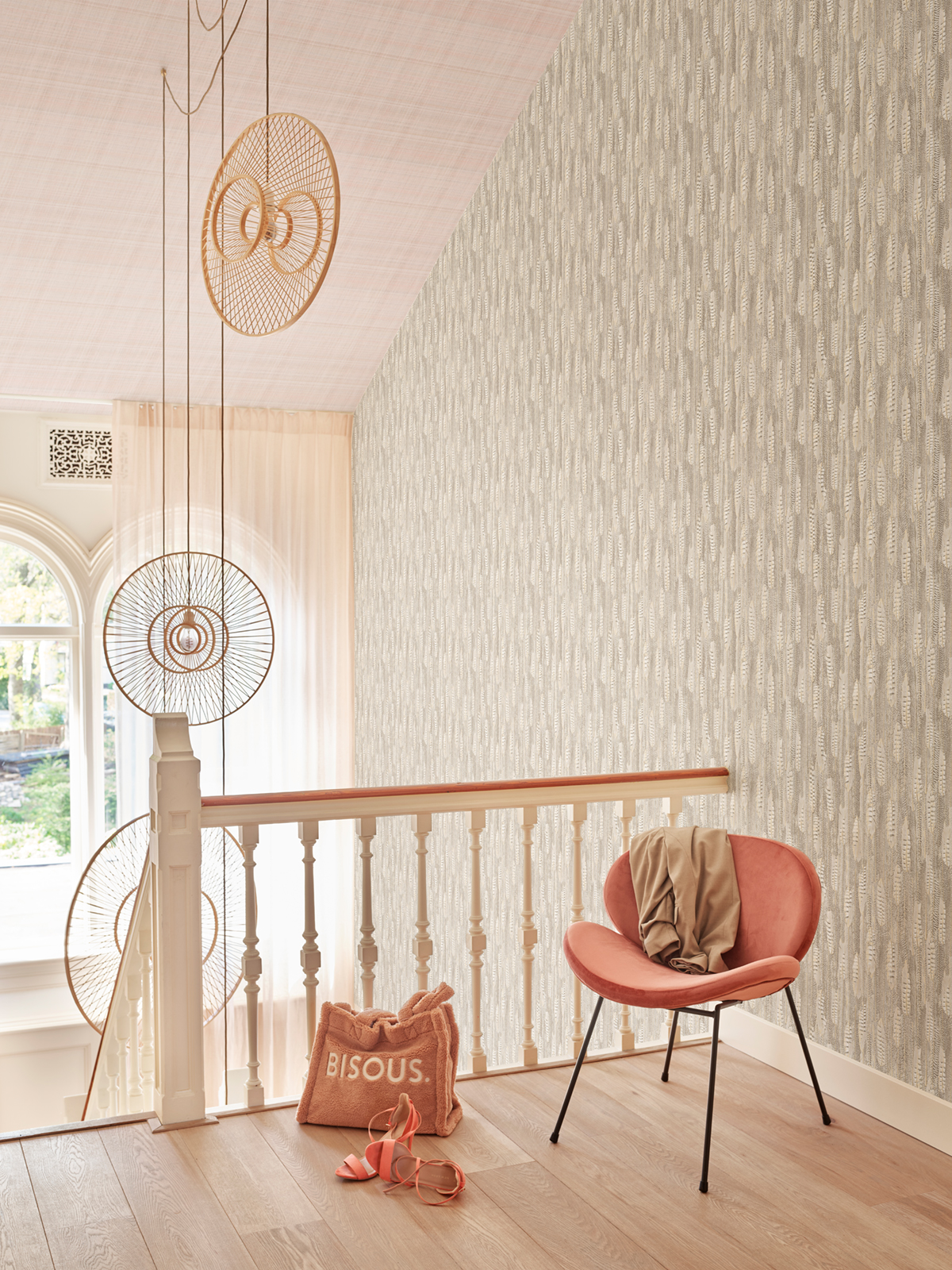 Papier peint Plume rose pâle gris beige - Renouveau de Lutèce | Réf. LTC-REN969